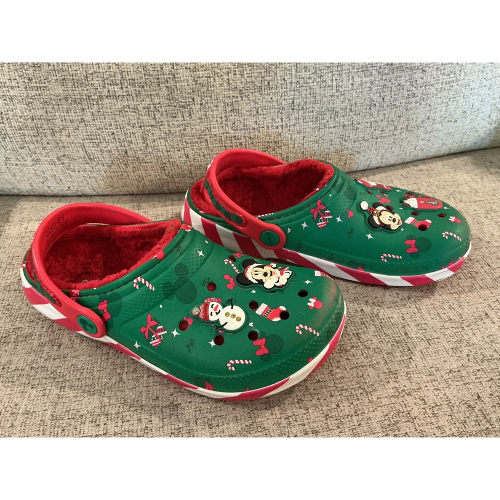 Crocs Disney Mickey Mouse Christmas Holiday Lined Clogs Green Red Size J3